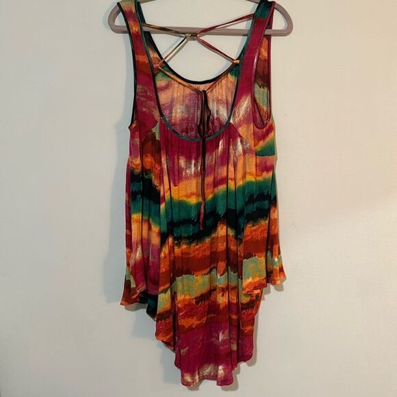 Cupio Vibrant Watercolor Open Tie Back Tank Top Tunic L - Picture 4 of 9
